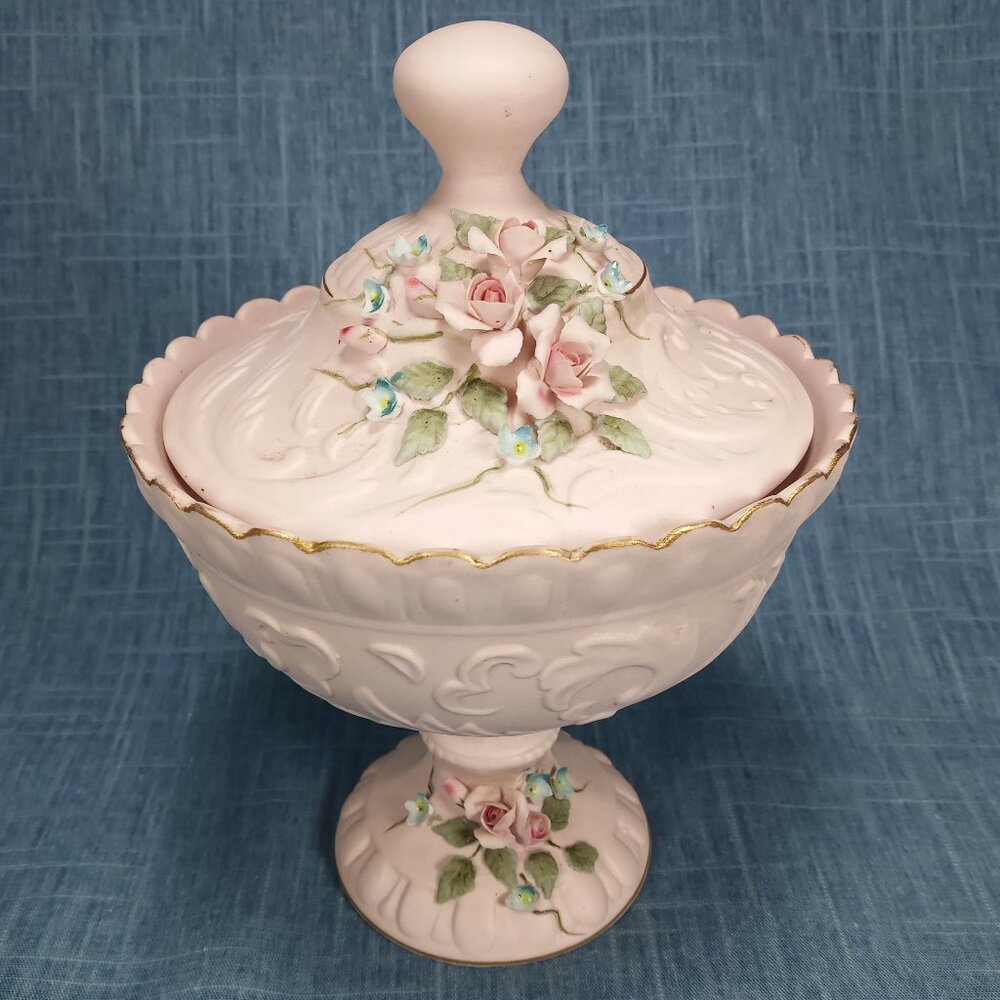 1950s Vintage Lefton China: Pink Bisque Porcelain Compote Hand-Painted with Lid
